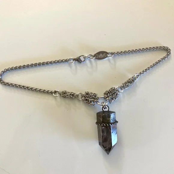 Handmade big raw black Smokey crystal quartz maille silver boho goth necklace - Picture 8 of 16